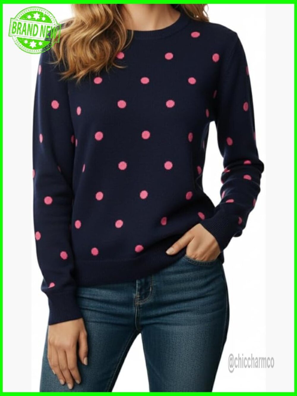 Soft Polka Dot Crewneck Sweater, Long Sleeve Knit Pullover